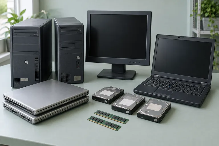 Illustrative collection of intact used computers, a monitor and storage devices