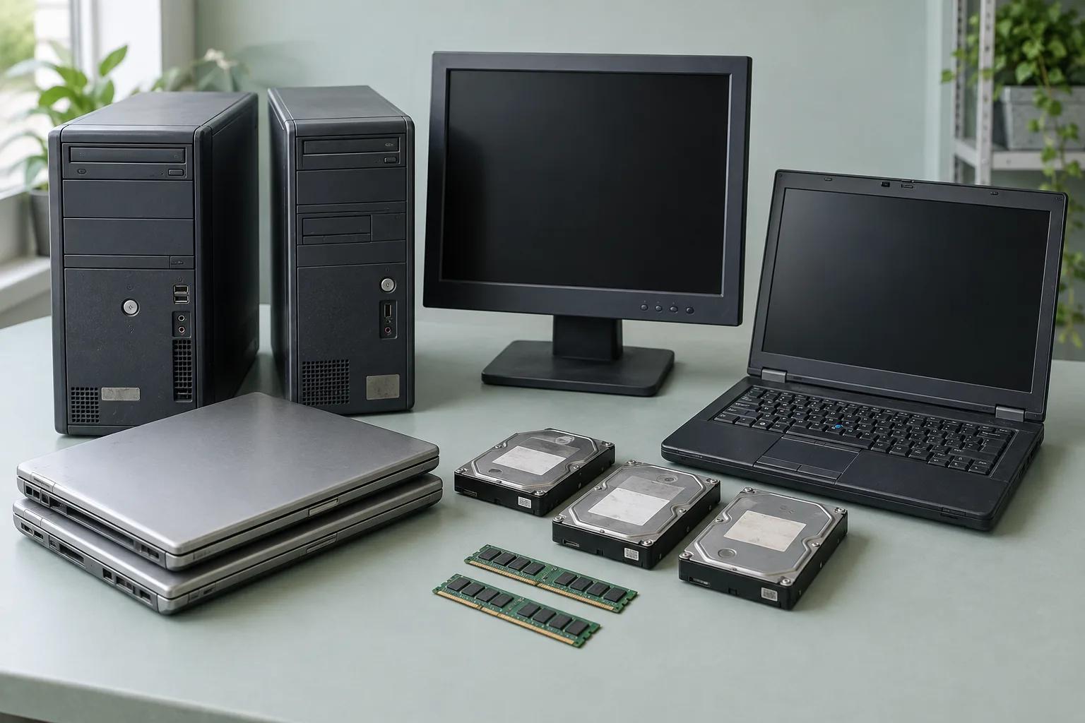 Illustrative collection of older, intact laptops, desktop PCs, a monitor and used hard drives