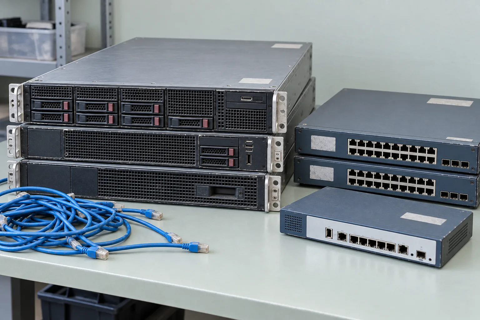 Illustrative collection of intact used rack servers, switches and network cables